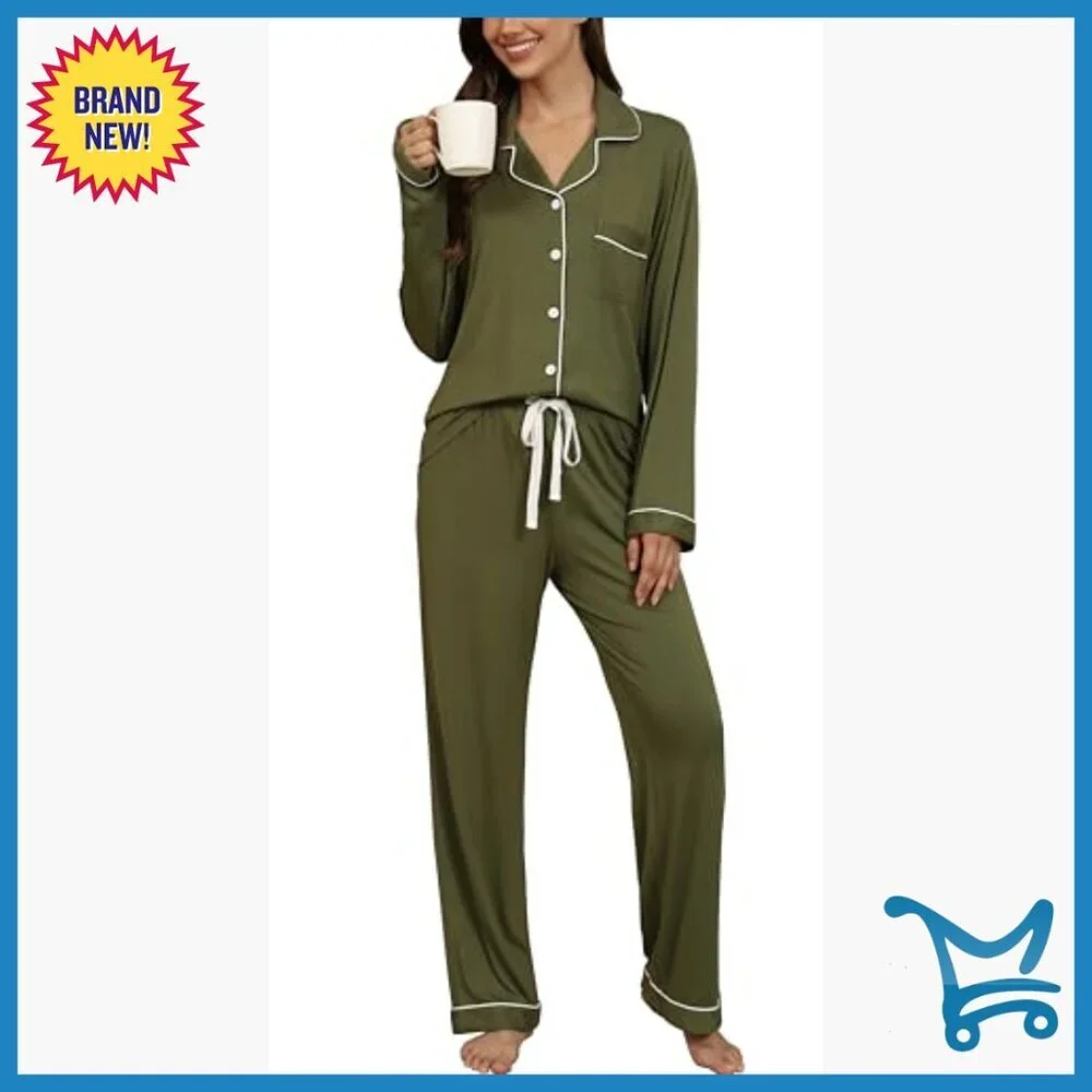 Soft Long Sleeve Pajama Set Button Down Viscose Spandex Lounge Wear